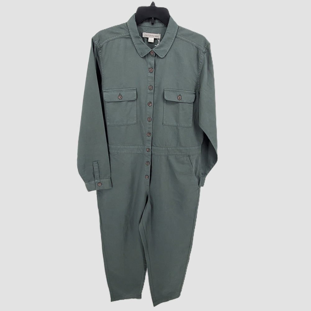 Outerknown Womens Large Station Utility Jumpsuit Dusk Green Organic Cotton Linen